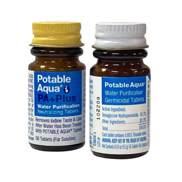 Potable Aqua Water Purification Tablets with PA Plus, Portable and Effective Solution for Camping, Hiking, Emergencies, Natural Disasters and International Travel, Two 50ct Bottles