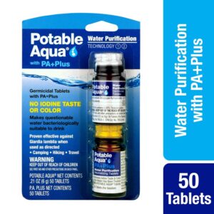 Potable Aqua Water Purification Tablets with PA Plus, Portable and Effective Solution for Camping, Hiking, Emergencies, Natural Disasters and International Travel, Two 50ct Bottles