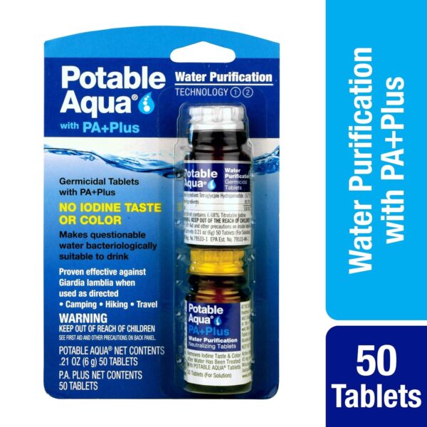 Potable Aqua Water Purification Tablets with PA Plus, Portable and Effective Solution for Camping, Hiking, Emergencies, Natural Disasters and International Travel, Two 50ct Bottles - Image 2