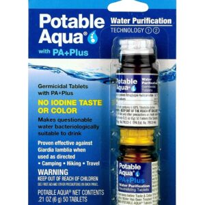 Potable Aqua Water Purification Tablets with PA Plus, Portable and Effective Solution for Camping, Hiking, Emergencies, Natural Disasters and International Travel, Two 50ct Bottles