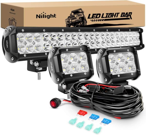 Nilight - ZH003 20Inch 126W Spot Flood Combo Led Light Bar 4PCS 4Inch 18W Spot LED Pods Fog Lights for Jeep Wrangler Boat Truck Tractor Trailer Off-Road, 2 Years Warranty