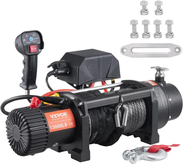 VEVOR Electric Winch, 12V 13,000 lb Load Capacity Nylon Rope Winch, IP67 3/8” x 85ft ATV Winch with Wireless Handheld Remote & Hawse Fairlead for Towing Jeep Off-Road SUV Truck Car Trailer Boat