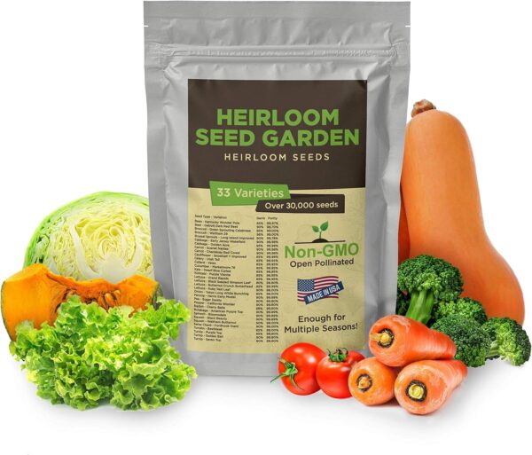 33 Variety Seed Bank Survival Gear 30,000 Premium Non-GMO Open Pollinated Heirloom Seeds Made in USA