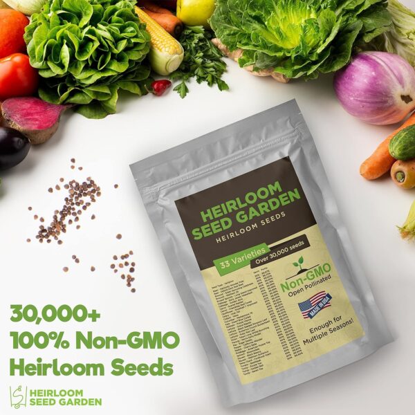 33 Variety Seed Bank Survival Gear 30,000 Premium Non-GMO Open Pollinated Heirloom Seeds Made in USA - Image 2