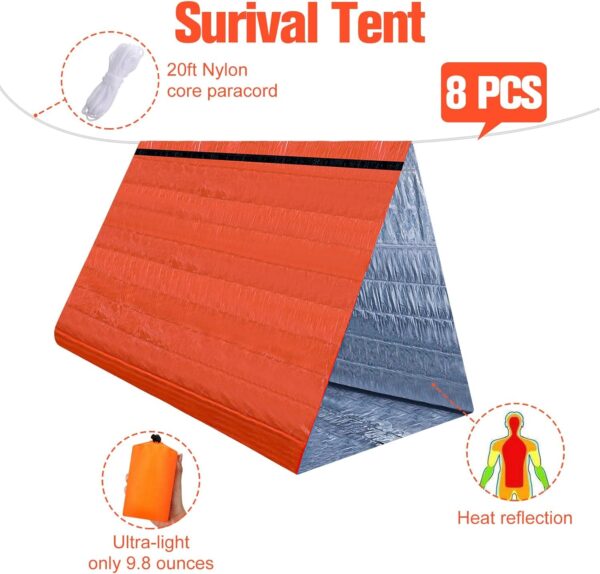 8 Pcs Ultralight Survival Tent 2 Person Emergency Shelter Tube Tent Waterproof Emergency Tent Emergency Survival Shelter Windproof Survival Tarp with Paracord for Outdoor Survival Kits, Orange - Image 2