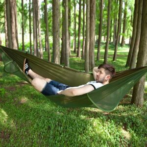 Hammocks for Outside with Mosquito Net,Camping Hammock Lightweight Portable Parachute 2 Person Outdoor Hammock for Indoor Backpacking Survival Travel Patio Army Green