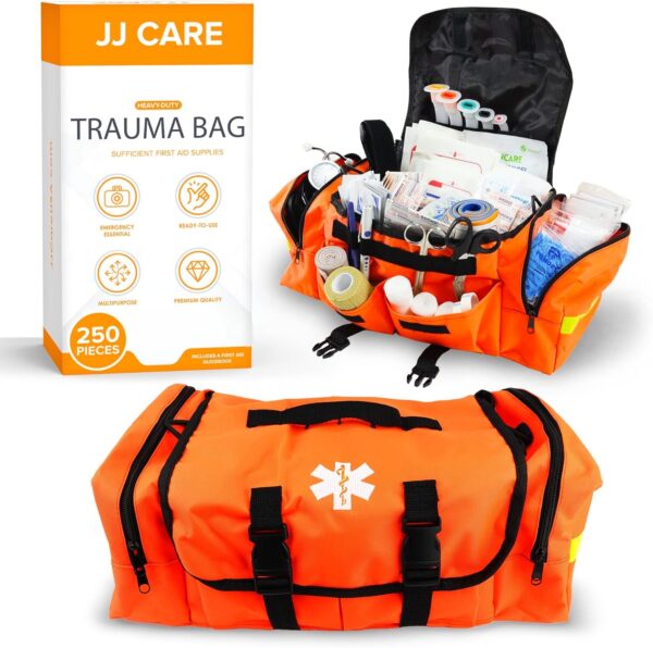 JJ CARE Trauma Bag 250PCS First Responder Kit, EMT Bag with Padded Strap, Reflective Medical Bag Fully Stocked, Multiple Pockets EMS EMT Bags Fully Stocked, First Aid Trauma Bags Fully Stocked