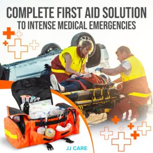 JJ CARE Trauma Bag 250PCS First Responder Kit, EMT Bag with Padded Strap, Reflective Medical Bag Fully Stocked, Multiple Pockets EMS EMT Bags Fully Stocked, First Aid Trauma Bags Fully Stocked