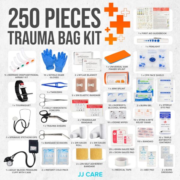 JJ CARE Trauma Bag 250PCS First Responder Kit, EMT Bag with Padded Strap, Reflective Medical Bag Fully Stocked, Multiple Pockets EMS EMT Bags Fully Stocked, First Aid Trauma Bags Fully Stocked - Image 3