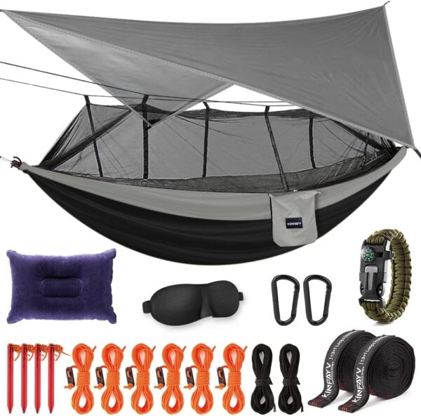 KINFAYV Camping Hammock with Mosquito Net and Rain Fly - Portable Double Hammock with Bug Net and Tent Tarp Heavy Duty Tree Strap, Hammock Tent for Travel Camping Backpacking Hiking Outdoor Camp Black