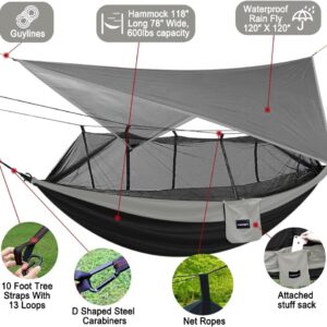 KINFAYV Camping Hammock with Mosquito Net and Rain Fly - Portable Double Hammock with Bug Net and Tent Tarp Heavy Duty Tree Strap, Hammock Tent for Travel Camping Backpacking Hiking Outdoor Camp Black