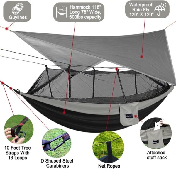 KINFAYV Camping Hammock with Mosquito Net and Rain Fly - Portable Double Hammock with Bug Net and Tent Tarp Heavy Duty Tree Strap, Hammock Tent for Travel Camping Backpacking Hiking Outdoor Camp Black - Image 5