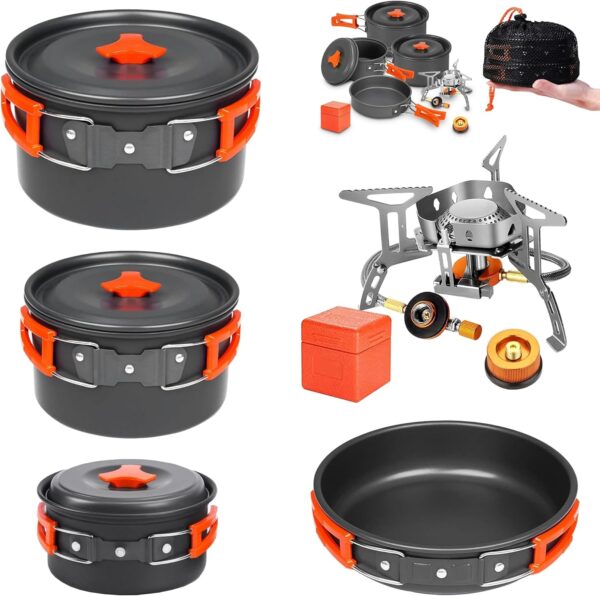 Smokey Camp Camping Cookware Mess Kit Set with Stove - Backpacking Compact Camping Cookware, All in One Non-Stick Camping Cooking Set, Portable Stove, Hiking, Picnic, Outdoor & Camping Cookware Set