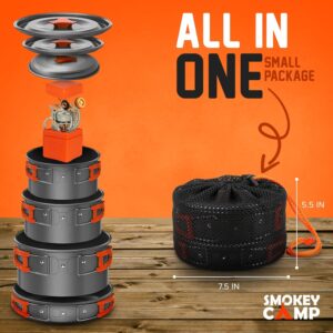 Smokey Camp Camping Cookware Mess Kit Set with Stove - Backpacking Compact Camping Cookware, All in One Non-Stick Camping Cooking Set, Portable Stove, Hiking, Picnic, Outdoor & Camping Cookware Set