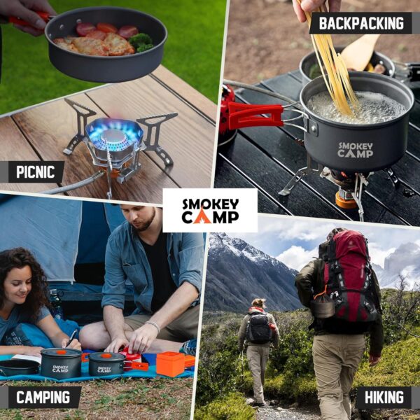 Smokey Camp Camping Cookware Mess Kit Set with Stove - Backpacking Compact Camping Cookware, All in One Non-Stick Camping Cooking Set, Portable Stove, Hiking, Picnic, Outdoor & Camping Cookware Set - Image 6