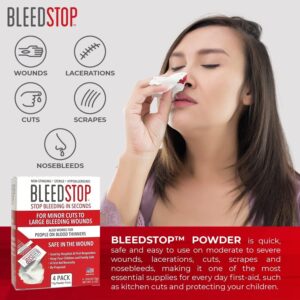 BleedStop™ First Aid Powder for Blood Clotting, Trauma Kit, Blood Thinner Patients, Camping Safety, and Survival Equipment for Moderate to Severe Bleeding Wounds or Nosebleeds - 4 (15g) Pouches