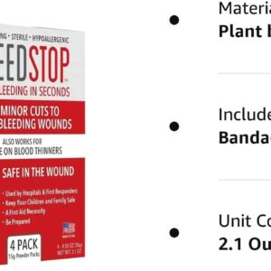 BleedStop™ First Aid Powder for Blood Clotting, Trauma Kit, Blood Thinner Patients, Camping Safety, and Survival Equipment for Moderate to Severe Bleeding Wounds or Nosebleeds - 4 (15g) Pouches