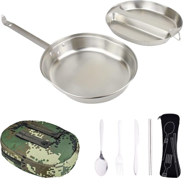 Mastiff Gears® 304 (18/8) Stainless Steel (FDA Compliant) USGI Type Mess Kit, Revived Plate Set, Army Mess Kit with Utensils & Pouch for Outdoor Camping Hiking Picnic BBQ Beach