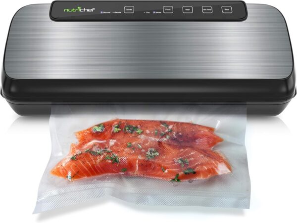 NutriChef Automatic Vacuum Air Sealing System Preservation with Starter Kit Compact Design, Lab Tested, Dry & Moist Food Modes with Led Indicator Lights, 12", Black