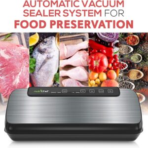 NutriChef Automatic Vacuum Air Sealing System Preservation with Starter Kit Compact Design, Lab Tested, Dry & Moist Food Modes with Led Indicator Lights, 12", Black