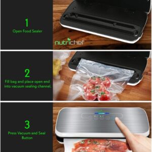 NutriChef Automatic Vacuum Air Sealing System Preservation with Starter Kit Compact Design, Lab Tested, Dry & Moist Food Modes with Led Indicator Lights, 12", Black