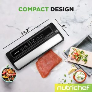 NutriChef Automatic Vacuum Air Sealing System Preservation with Starter Kit Compact Design, Lab Tested, Dry & Moist Food Modes with Led Indicator Lights, 12", Black