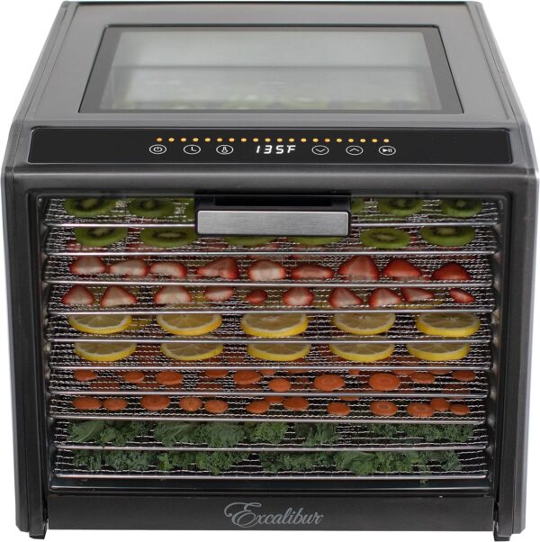 Excalibur Electric Food Dehydrator Performance Series 6-Tray with Adjustable Temperature Control Includes Stainless Steel Drying Trays Glass Door Top View Window and LED Display Progress Bar, Black