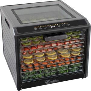 Excalibur Electric Food Dehydrator Performance Series 6-Tray with Adjustable Temperature Control Includes Stainless Steel Drying Trays Glass Door Top View Window and LED Display Progress Bar, Black