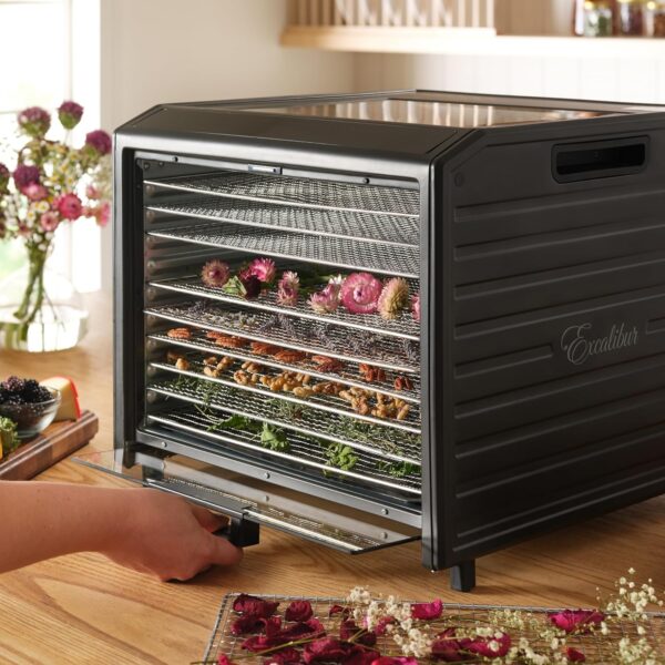 Excalibur Electric Food Dehydrator Performance Series 6-Tray with Adjustable Temperature Control Includes Stainless Steel Drying Trays Glass Door Top View Window and LED Display Progress Bar, Black - Image 12