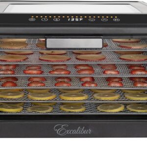 Excalibur Electric Food Dehydrator Performance Series 6-Tray with Adjustable Temperature Control Includes Stainless Steel Drying Trays Glass Door Top View Window and LED Display Progress Bar, Black