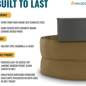 WAZOO Cache Belt, Anti-Theft Everyday Carry Belt for Travel and Outdoors - Stainless-Steel Buckle, Hidden Sleeve, Made in USA