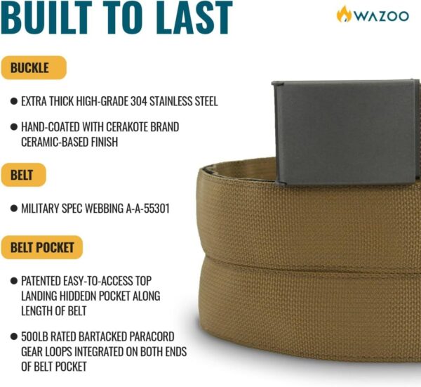 WAZOO Cache Belt, Anti-Theft Everyday Carry Belt for Travel and Outdoors - Stainless-Steel Buckle, Hidden Sleeve, Made in USA - Image 4