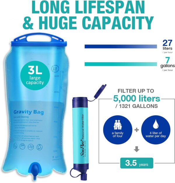 SimPure Gravity Water Filter, Portable Gravity-Fed Water Purifier with 3L Gravity Bag, Tree Strap, BPA Free Survival Gear and Equipment for Camping Hiking Emergency Preparedness - Image 3