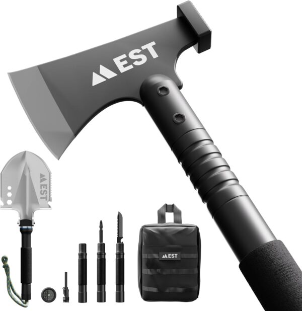 Camp Axe and Folding Survival Shovel 20-in-1 Heavyduty Compact Military Multitool Hatchet for Off Roading, Camping, Survivalist and Emergency - Lifetime Replacement