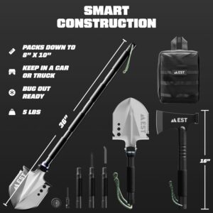 Camp Axe and Folding Survival Shovel 20-in-1 Heavyduty Compact Military Multitool Hatchet for Off Roading, Camping, Survivalist and Emergency - Lifetime Replacement