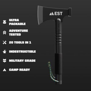 Camp Axe and Folding Survival Shovel 20-in-1 Heavyduty Compact Military Multitool Hatchet for Off Roading, Camping, Survivalist and Emergency - Lifetime Replacement