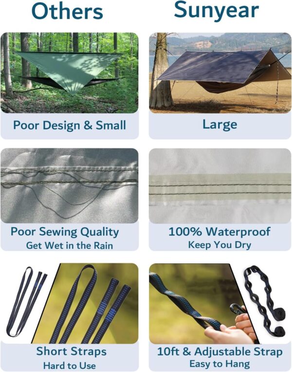 Hammock Camping with Rain Fly Tarp and Net, Portable Camping Hammock Double Tree Hammock Outdoor Indoor Backpacking Travel & Survival, 2 Tree Straps,100% Waterproof - Image 2