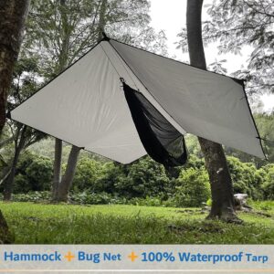 Hammock Camping with Rain Fly Tarp and Net, Portable Camping Hammock Double Tree Hammock Outdoor Indoor Backpacking Travel & Survival, 2 Tree Straps,100% Waterproof