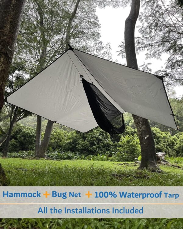 Hammock Camping with Rain Fly Tarp and Net, Portable Camping Hammock Double Tree Hammock Outdoor Indoor Backpacking Travel & Survival, 2 Tree Straps,100% Waterproof - Image 3