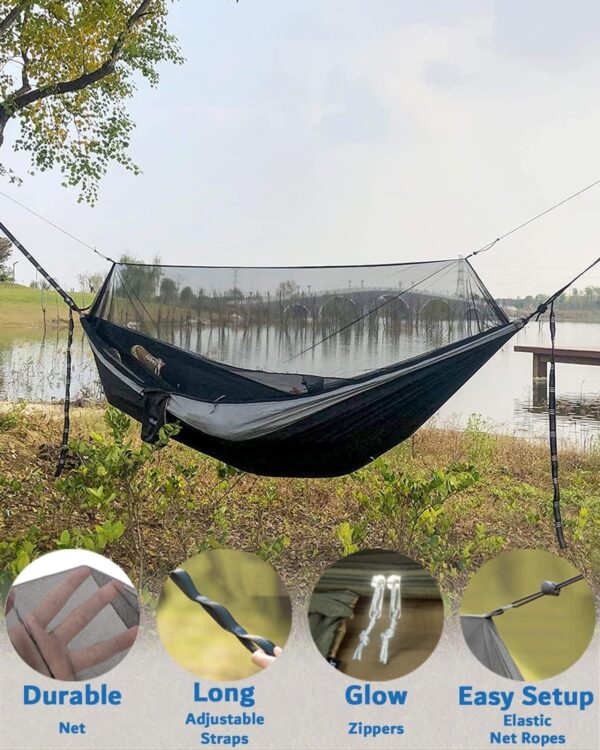 Hammock Camping with Rain Fly Tarp and Net, Portable Camping Hammock Double Tree Hammock Outdoor Indoor Backpacking Travel & Survival, 2 Tree Straps,100% Waterproof - Image 4