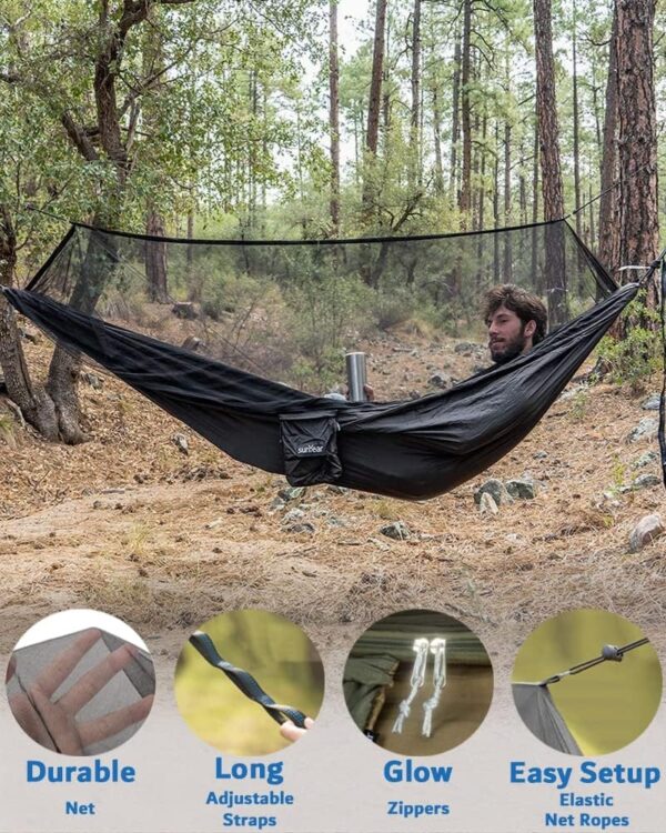 Hammock Camping with Rain Fly Tarp and Net, Portable Camping Hammock Double Tree Hammock Outdoor Indoor Backpacking Travel & Survival, 2 Tree Straps,100% Waterproof - Image 26