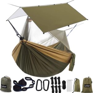 Hammock Camping with Rain Fly Tarp and Net, Portable Camping Hammock Double Tree Hammock Outdoor Indoor Backpacking Travel & Survival, 2 Tree Straps,100% Waterproof