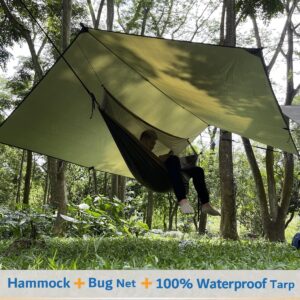 Hammock Camping with Rain Fly Tarp and Net, Portable Camping Hammock Double Tree Hammock Outdoor Indoor Backpacking Travel & Survival, 2 Tree Straps,100% Waterproof