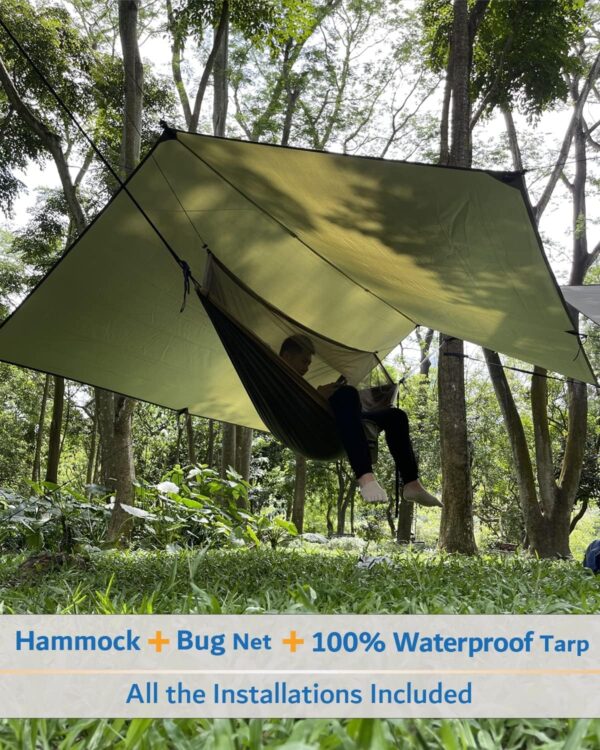 Hammock Camping with Rain Fly Tarp and Net, Portable Camping Hammock Double Tree Hammock Outdoor Indoor Backpacking Travel & Survival, 2 Tree Straps,100% Waterproof - Image 30