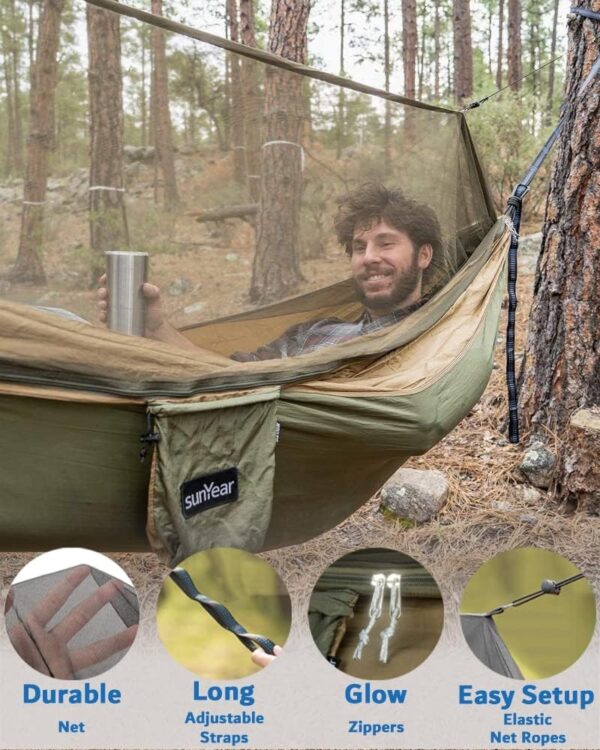 Hammock Camping with Rain Fly Tarp and Net, Portable Camping Hammock Double Tree Hammock Outdoor Indoor Backpacking Travel & Survival, 2 Tree Straps,100% Waterproof - Image 31