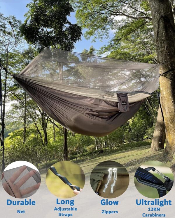 Camping Hammock, Portable Double Hammock with Net, 2 Person Hammock Tent with 2 * 10ft Straps, Best for Outdoor Hiking Survival Travel - Image 14